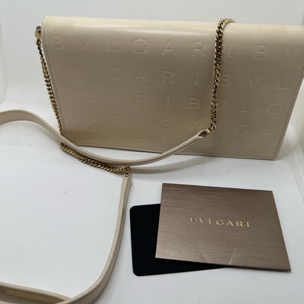 Bulgari Cream Logo Debossed WOC Clutch with Gold Chain